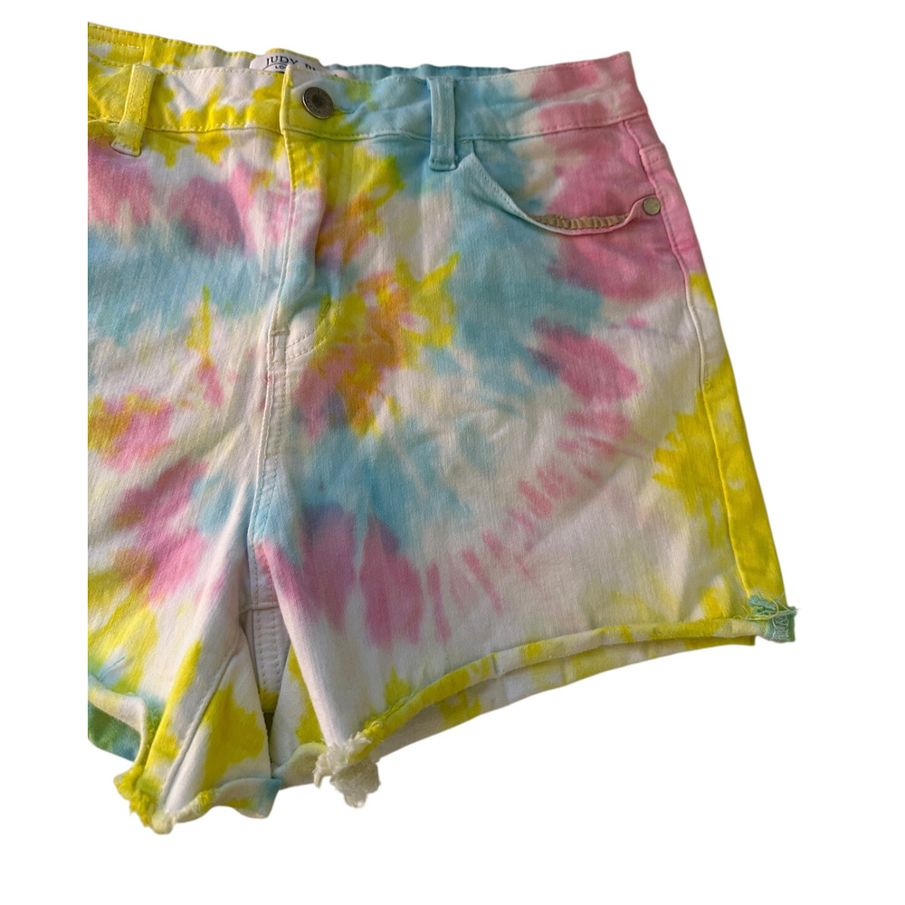 ✨2/$20 Judy Blue Swirl Tie Dye Raw Cut Off Denim Shorts Large Summer Festival - Picture 4 of 16
